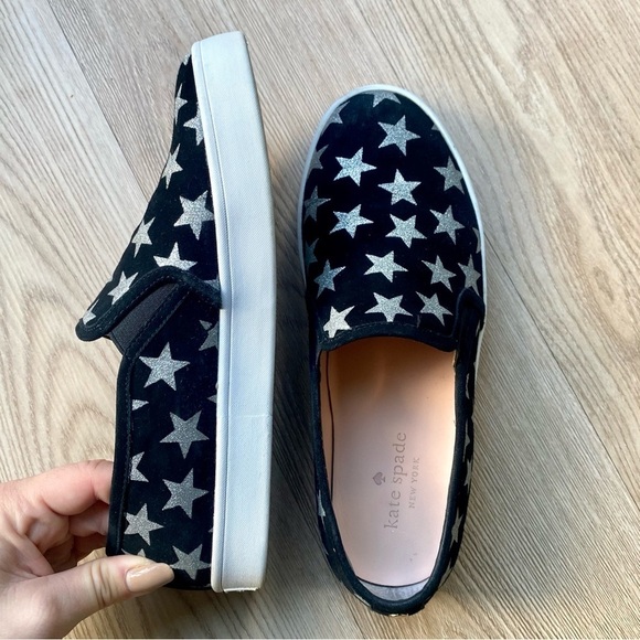Kate Spade Liberty Black & Silver Metallic Star Suede Sneakers - Slip-On - Picture 3 of 9